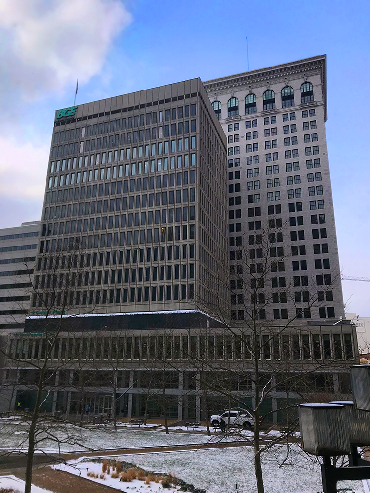 Low vantage point photo of tall Baltimore Gas and Electric Copmany building in Baltimore, Maryland