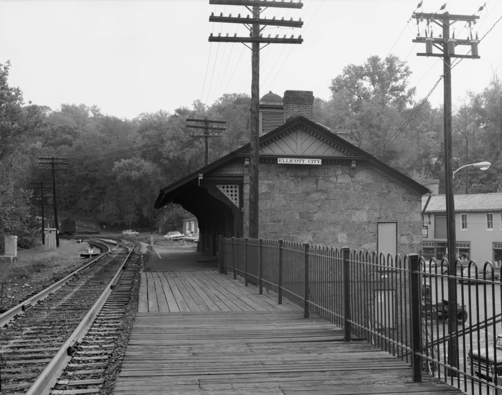 Black and white photo of B&O Railroad train stop in Ellicott City, Maryland, 1970