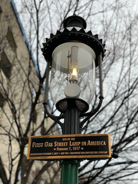 Up close photograph of America's first gas street lamp in Baltimore, Maryland