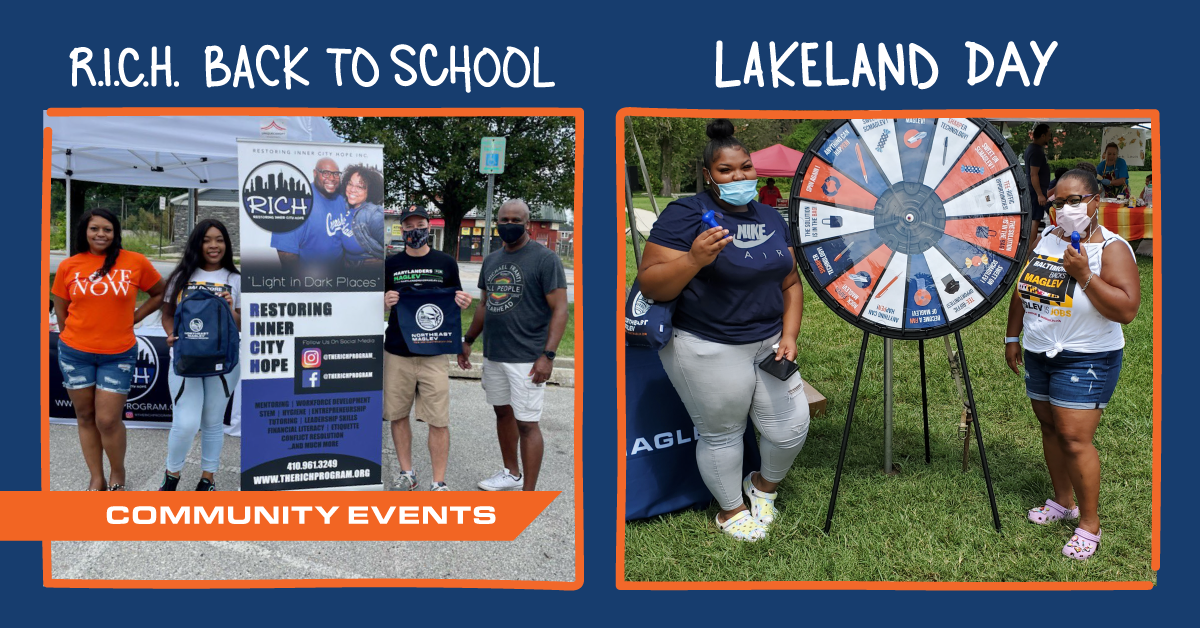 Photo compilation of Northeast Maglev employees attending the 2021 Lakeland Day and RICH Back to School Events in Baltimore