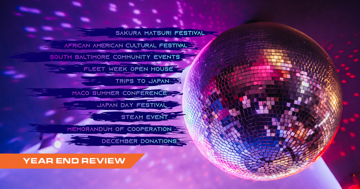 A stylized photograph of a sparkling disco ball surrounded by a list of community events undertaking by Northeast Maglev in 2022.