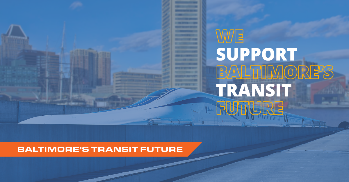 Photograph of the Superconducting Maglev with the skyline of Baltimore reading We Support Baltimore's Transit Future