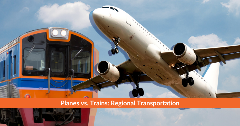 Image of a train and plane flying in the air against a blue sky background. Captioned 
