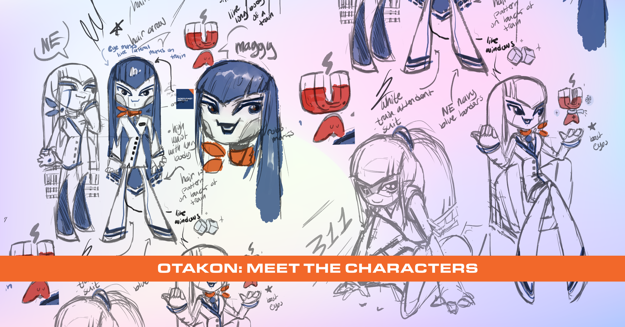 An illustration containing various sketches depicting the evolution of the anthropomorphic characters developed Otakon 2023.