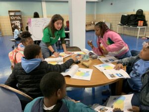 Photograph of a Northeast Maglev employee working with a group of students