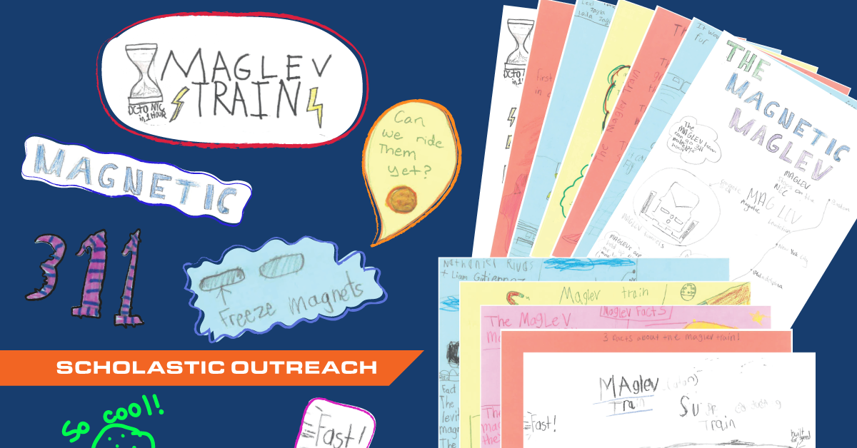 A collage of student drawings of the superconducting maglev