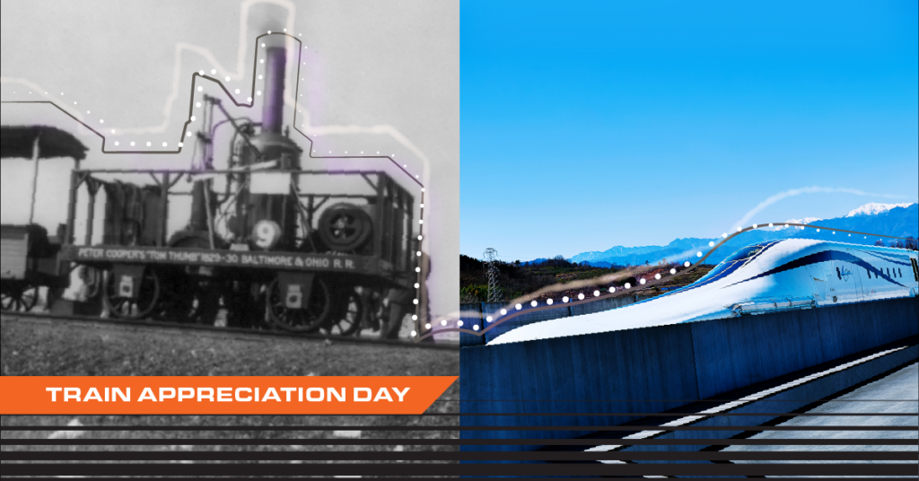 Stylized photographs of early steam engine Tom Thumb and the Superconducting Maglev for Train Appreciation Day
