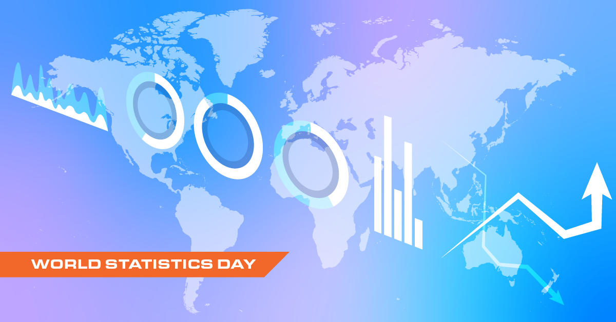 Stylized graphic of a world map superimposed with graphs and charts, titled World Statistics Day